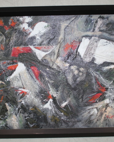 Abstract painting titled 'Once Spoken' by R.L. Lathrop, 24x30 inches, on display at Hedge Wood Gallery in Connersville, Indiana