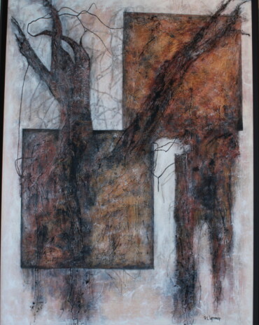 Acrylic abstract painting titled 'Anger and Grief' by R.L. Lathrop, depicting a hand with emotions flowing from its fingertips, featured at Hedgewood Gallery in Connersville, Indiana