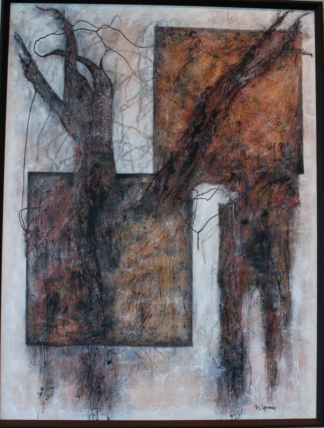 Acrylic abstract painting titled 'Anger and Grief' by R.L. Lathrop, depicting a hand with emotions flowing from its fingertips, featured at Hedgewood Gallery in Connersville, Indiana