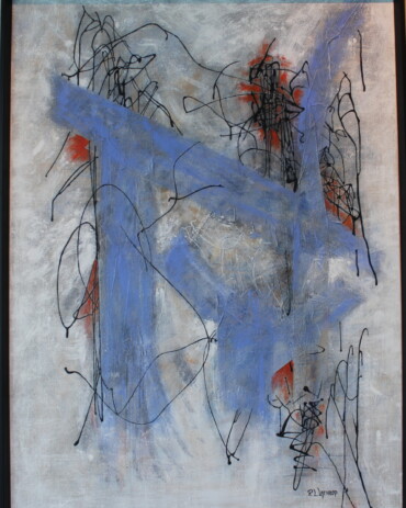 Acrylic abstract painting titled 'Line' by R.L. Lathrop, with blue stripes forming the letters of the word 'line,' displayed at Hedgewood Gallery in Connersville, Indiana.