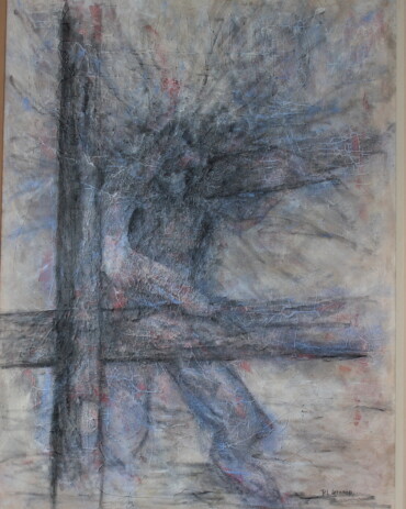 Acrylic abstract painting titled 'Tormented' by R.L. Lathrop, depicting a man carrying a heavy weight, showcased at Hedgewood Gallery in Connersville, Indiana.