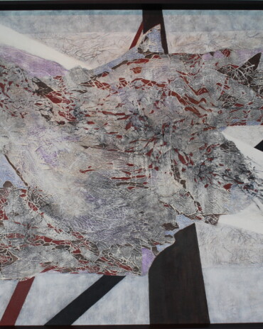 Acrylic abstract painting titled 'Species' by R.L. Lathrop, featuring hidden miniature animals within textured layers, showcased at Hedgewood Gallery in Connersville, Indiana