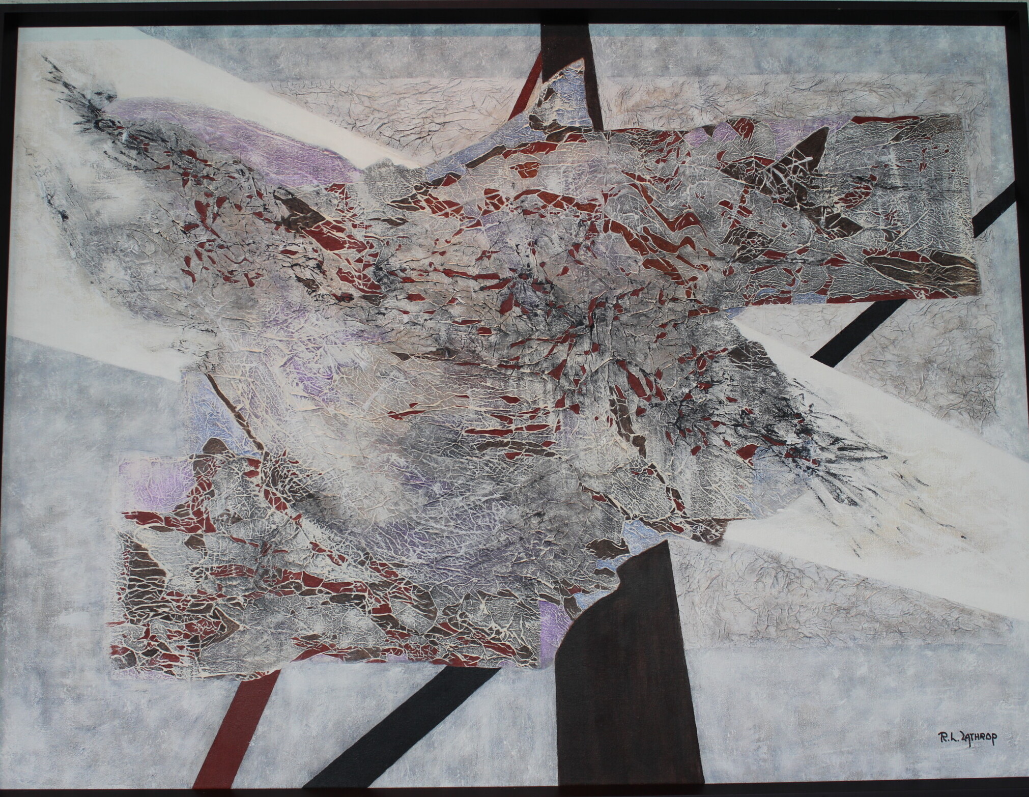 Acrylic abstract painting titled 'Species' by R.L. Lathrop, featuring hidden miniature animals within textured layers, showcased at Hedgewood Gallery in Connersville, Indiana