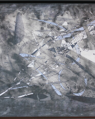 Acrylic abstract painting titled 'No Further Explanation Will Be Provided' by R.L. Lathrop, featuring the depiction of an execution scene at the bottom, showcased at Hedgewood Gallery in Connersville, Indiana.