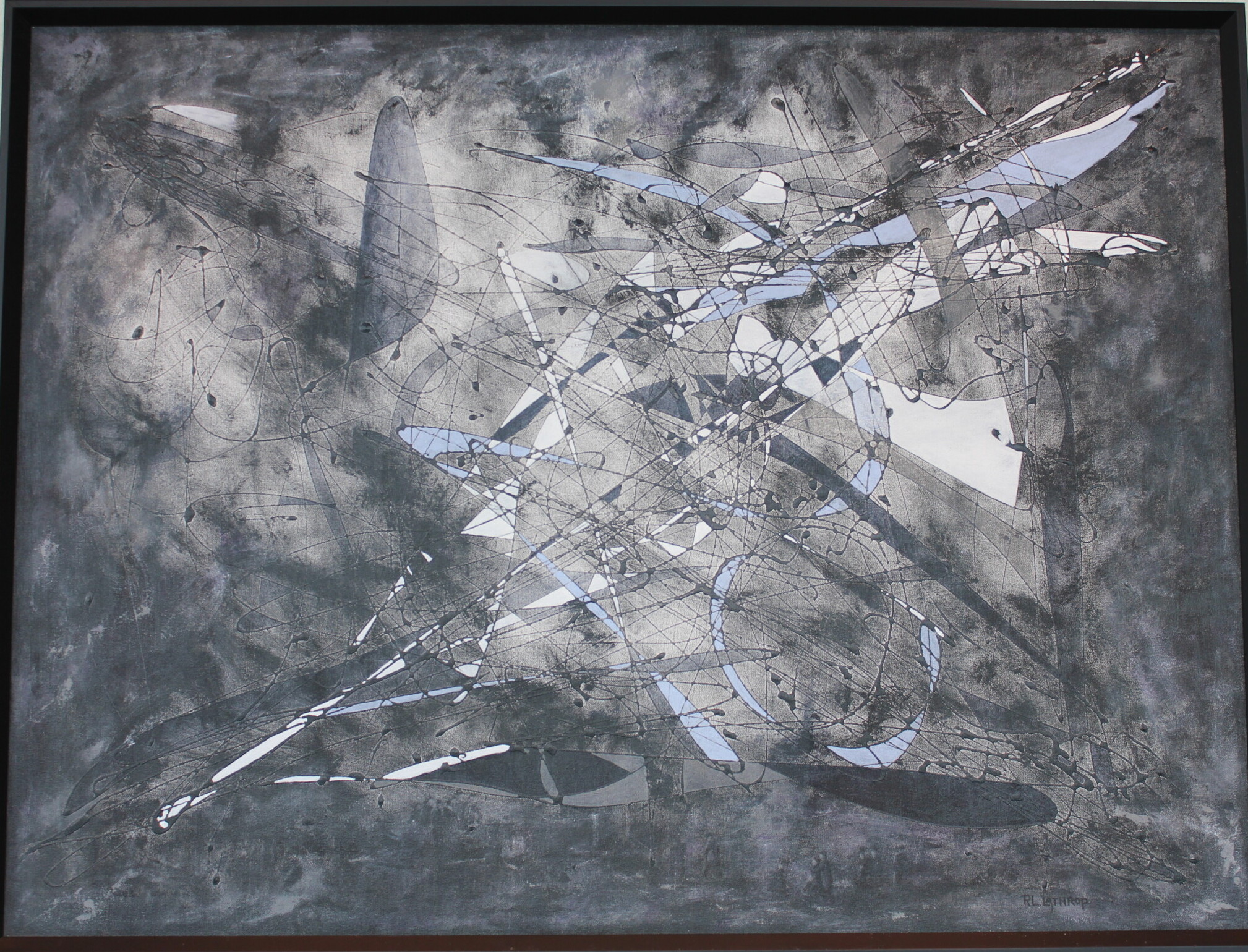 Acrylic abstract painting titled 'No Further Explanation Will Be Provided' by R.L. Lathrop, featuring the depiction of an execution scene at the bottom, showcased at Hedgewood Gallery in Connersville, Indiana.