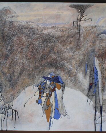 Abstract acrylic painting titled 'When Does Immigration Become a Problem' by R.L. Lathrop, featuring textured layers, a subtle country in the center, and ominous dancing figures, available at Hedgewood Galleries in Connersville, Indiana