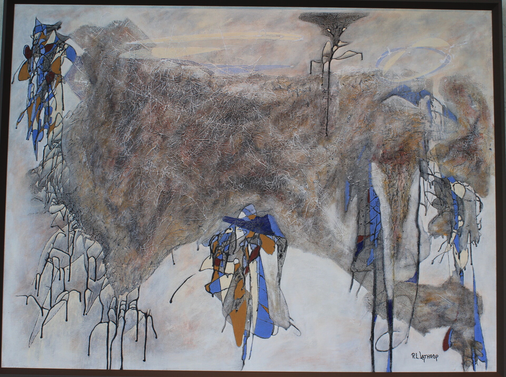 Abstract acrylic painting titled 'When Does Immigration Become a Problem' by R.L. Lathrop, featuring textured layers, a subtle country in the center, and ominous dancing figures, available at Hedgewood Galleries in Connersville, Indiana