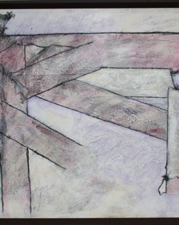 Acrylic abstract painting titled 'Peaceful Easy Feeling' by R.L. Lathrop, featuring columns with purple-dusted details, showcased at Hedgewood Gallery in Connersville, Indiana.