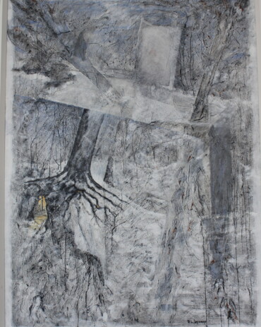 Acrylic abstract painting titled 'On a Deep and Dark December' by R.L. Lathrop, featuring hidden images, showcased at Hedgewood Gallery in Connersville, Indiana.