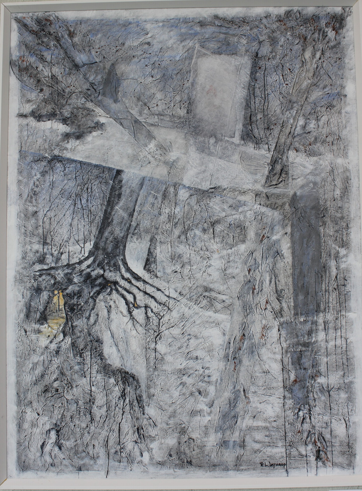 Acrylic abstract painting titled 'On a Deep and Dark December' by R.L. Lathrop, featuring hidden images, showcased at Hedgewood Gallery in Connersville, Indiana.