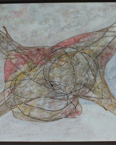 Acrylic abstract painting titled 'Conflicted Since Conception' by R.L. Lathrop, showcased at Hedgewood Gallery in Connersville, Indiana