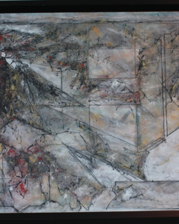 Acrylic abstract painting titled 'Suburban Sprawl' by R.L. Lathrop, featuring blocky shapes and chaotic patterns in the top left corner. Showcased at Hedgewood Gallery in Connersville, Indiana.