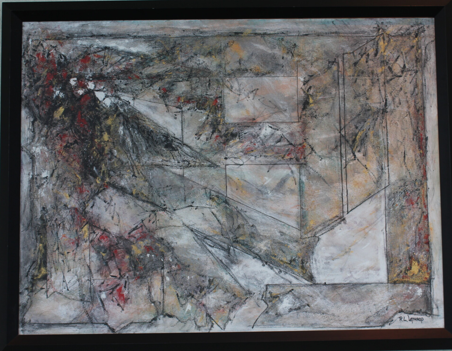 Acrylic abstract painting titled 'Suburban Sprawl' by R.L. Lathrop, featuring blocky shapes and chaotic patterns in the top left corner. Showcased at Hedgewood Gallery in Connersville, Indiana.