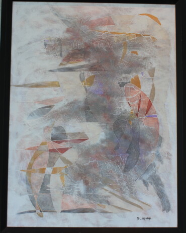 Acrylic abstract painting 'Dance of the Ancients' by R.L. Lathrop, featuring ghostly dancers in a graceful impressionist style, showcased at Hedgewood Gallery, Connersville, Indiana.