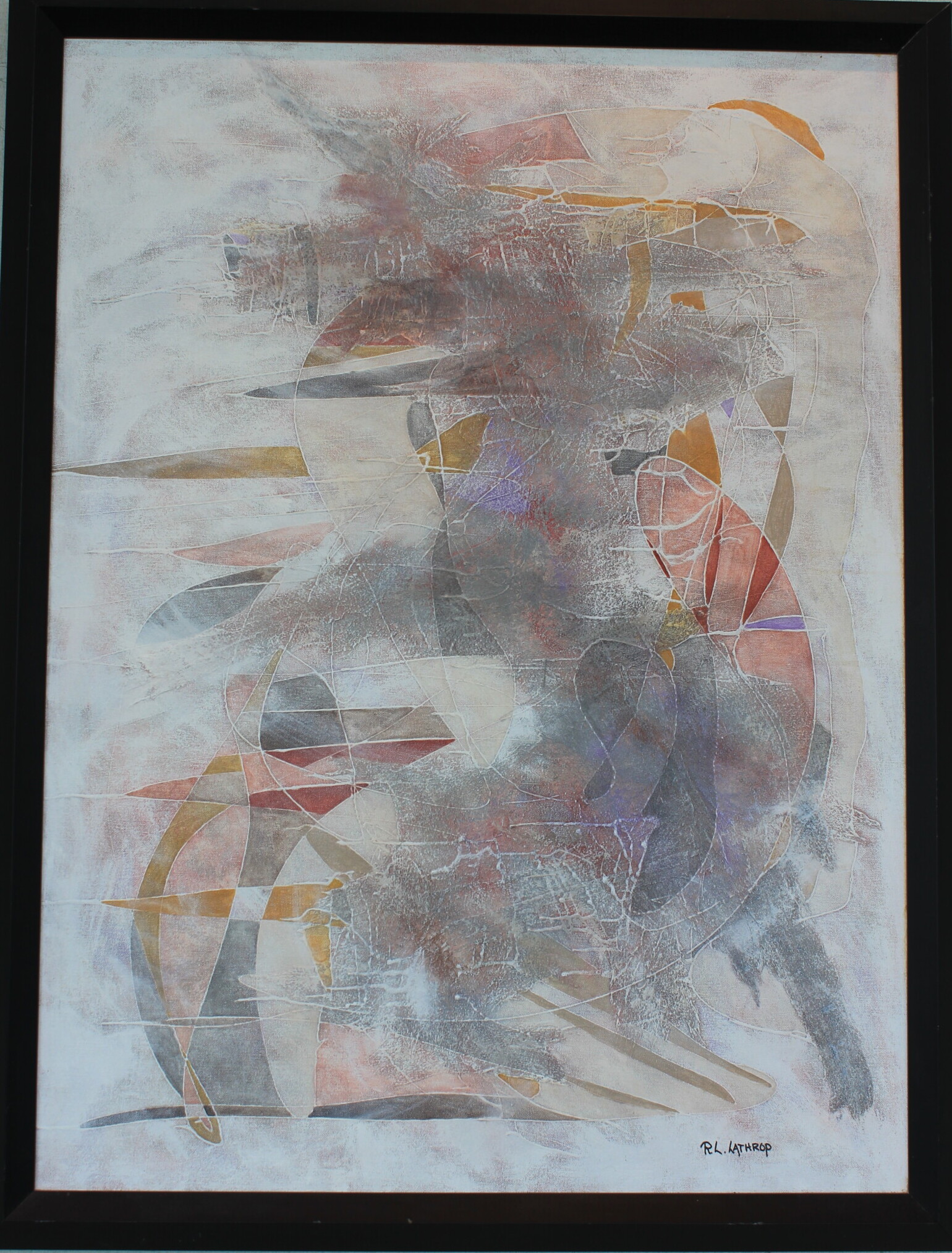 Acrylic abstract painting 'Dance of the Ancients' by R.L. Lathrop, featuring ghostly dancers in a graceful impressionist style, showcased at Hedgewood Gallery, Connersville, Indiana.