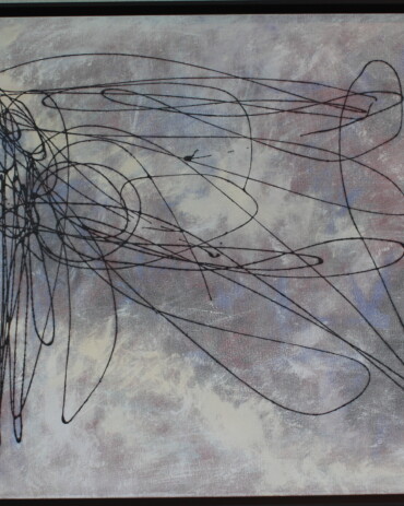 Abstract acrylic painting titled 'Inspiration' by R.L. Lathrop with a light background and textured black squiggly lines, showcased at Hedgewood Gallery in Connersville, Indiana.