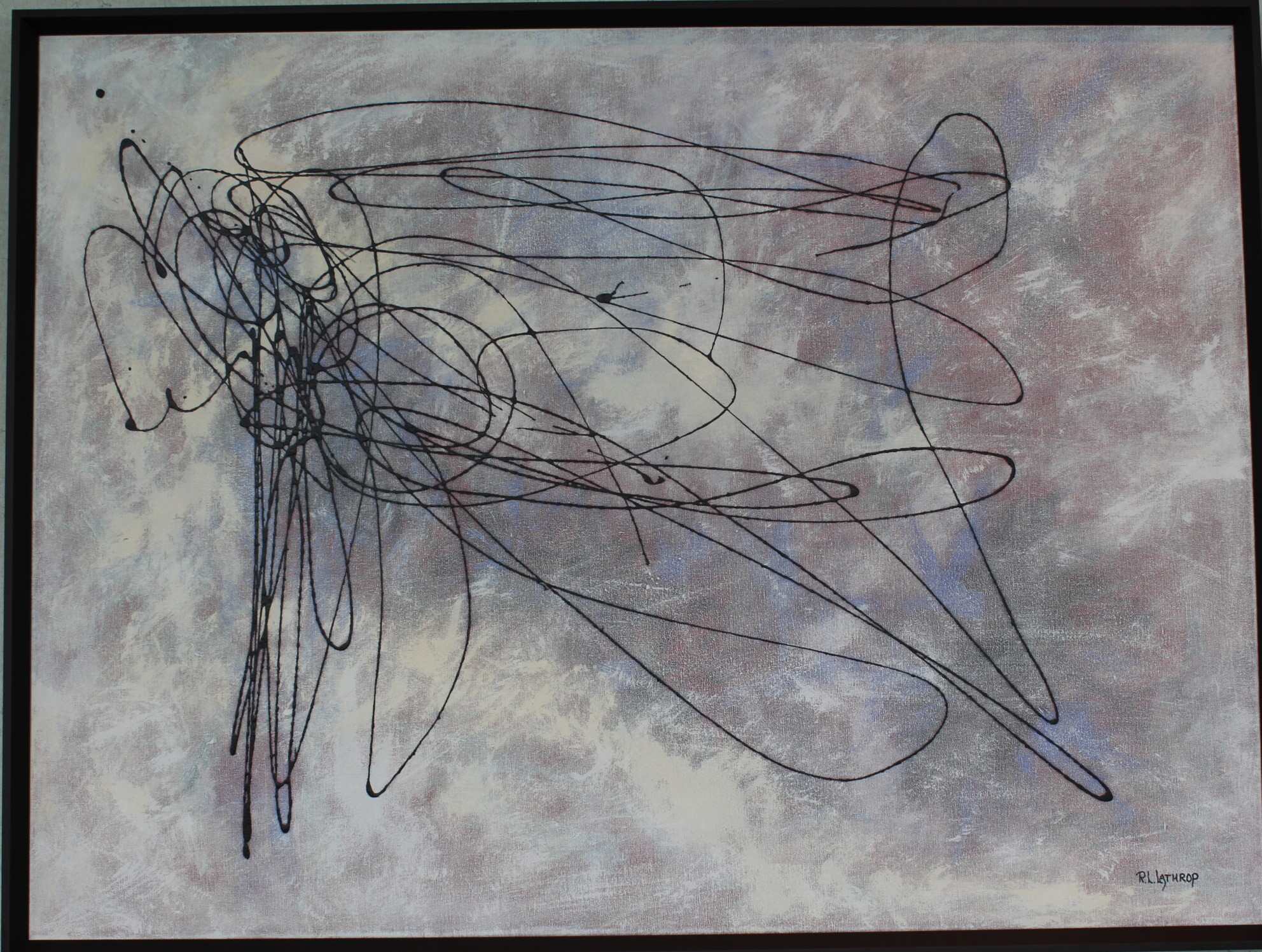 Abstract acrylic painting titled 'Inspiration' by R.L. Lathrop with a light background and textured black squiggly lines, showcased at Hedgewood Gallery in Connersville, Indiana.