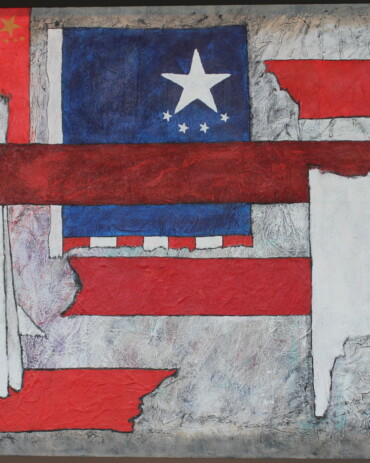 Political acrylic abstract artwork titled 'Traitor Joe's USS of A' featuring two ripped-up flags, displayed at Hedgewood Gallery in Connersville, Indiana.