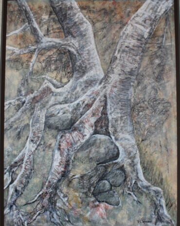 Abstract acrylic painting 'Firmly Rooted in a Precarious Place' by R.L. Lathrop, featuring textured sycamore roots, displayed at Hedgewood Galleries in Connersville, Indiana.