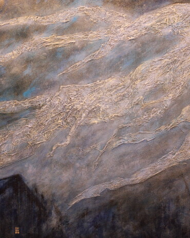 Winter's Icy Fingers abstract acrylic painting by R.L. Lathrop, depicting a cold night sky with icy textures and a glowing cabin in the corner, available at Hedgewood Galleries in Connersville, Indiana