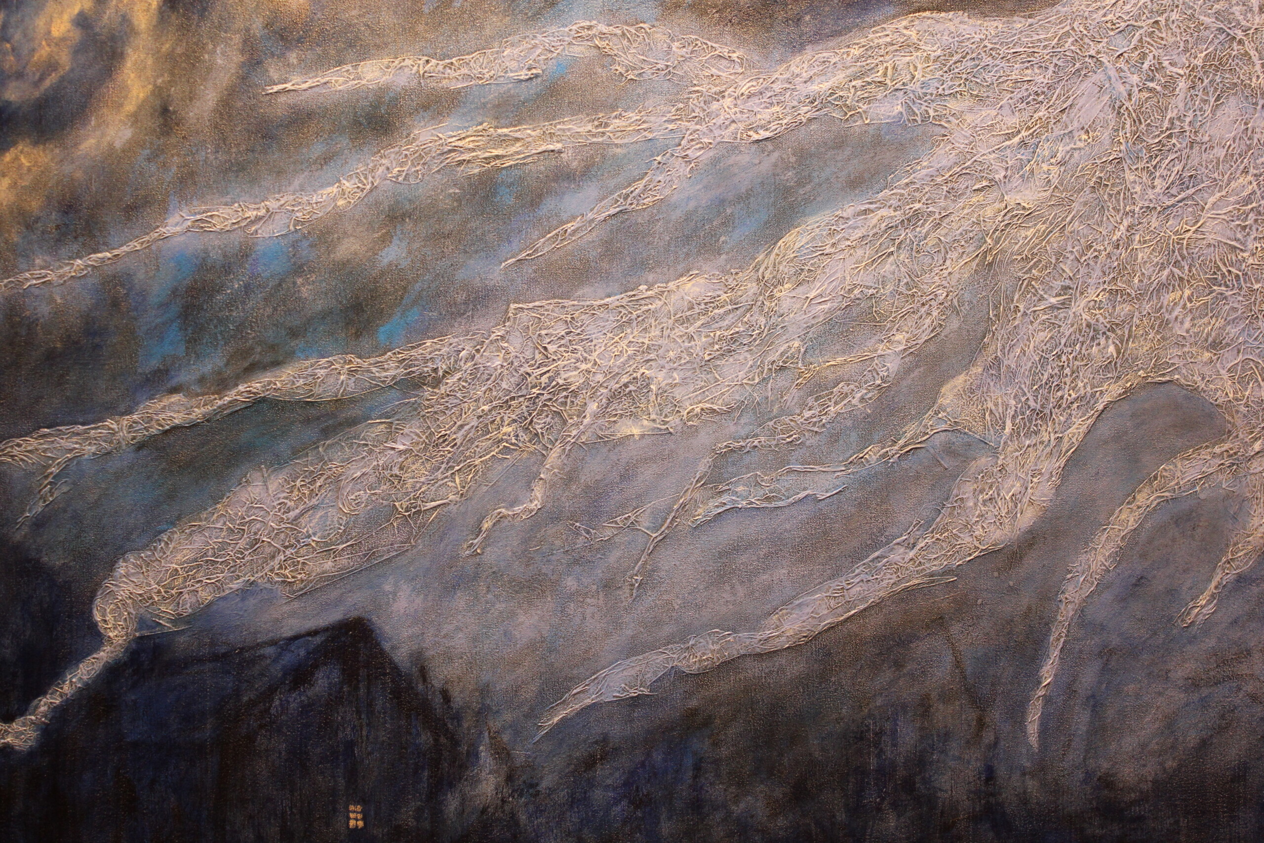 Winter's Icy Fingers abstract acrylic painting by R.L. Lathrop, depicting a cold night sky with icy textures and a glowing cabin in the corner, available at Hedgewood Galleries in Connersville, Indiana