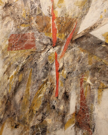 Textured abstract acrylic painting 'Moving to Indiana' by R.L. Lathrop featuring shards of yellow, rush, and burnt yellow, available at Hedgewood Galleries in Connersville, Indiana.