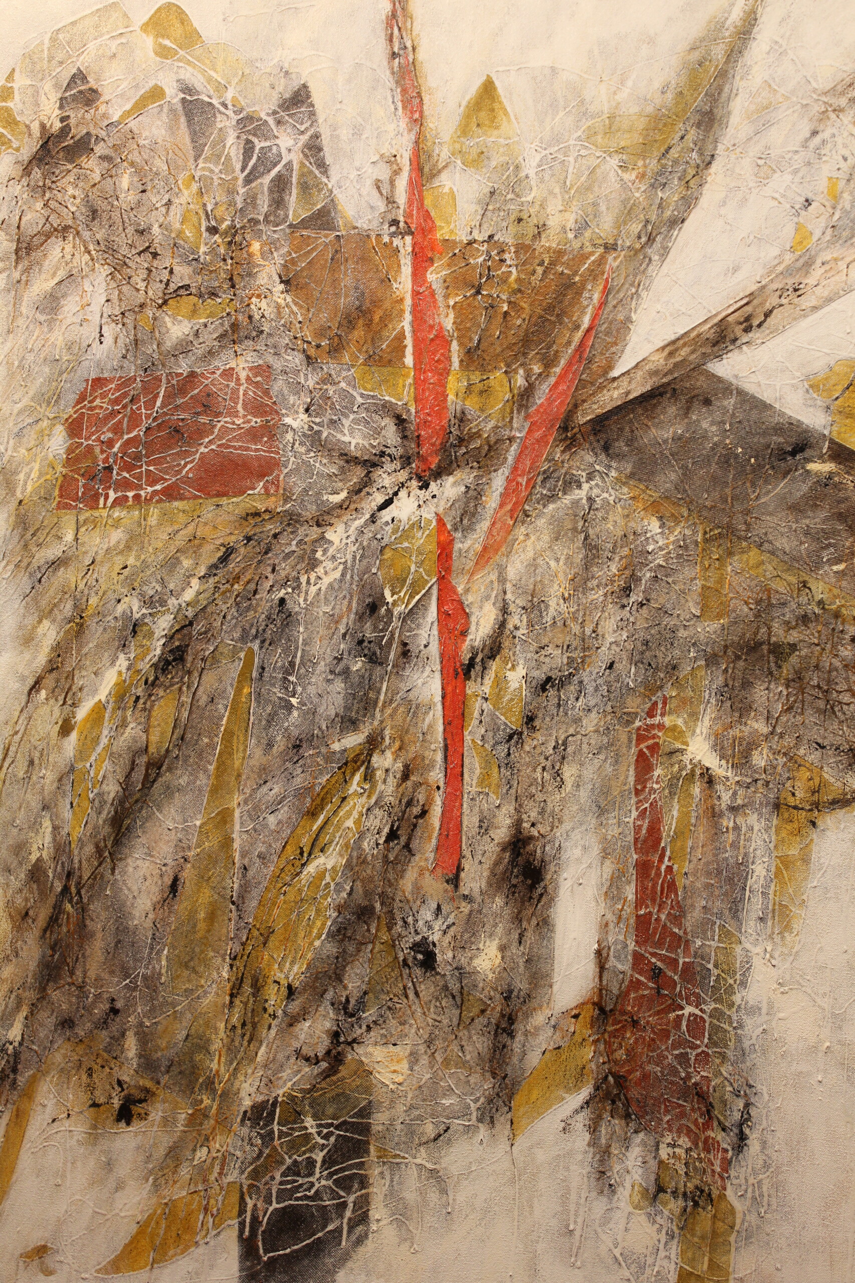 Textured abstract acrylic painting 'Moving to Indiana' by R.L. Lathrop featuring shards of yellow, rush, and burnt yellow, available at Hedgewood Galleries in Connersville, Indiana.