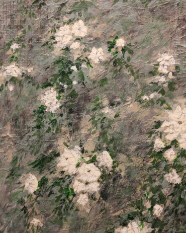 Abstract acrylic painting 'Down by the Garden Fence' by R.L. Lathrop, showcasing textured impressionist flowers on a fence, available at Hedgewood Galleries in Connersville, Indiana.