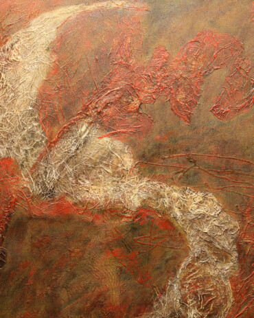 Abstract acrylic painting 'Pain' by R.L. Lathrop featuring a laying body in an intense red atmosphere, showcased at Hedgewood Galleries in Connersville, Indiana