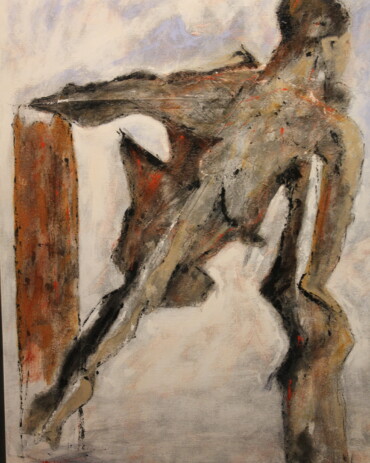 Abstract acrylic painting 'Broken Man' by R.L. Lathrop depicting a struggling man with broken limbs leaning on a stump for support, available at Hedgewood Galleries, Connersville, Indiana.