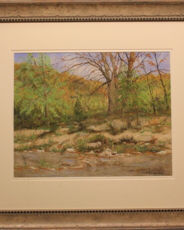 Pipe Creek landscape pastel painting by R.L. Lathrop featuring a vibrant fall creek scene, showcased at Hedgewood Galleries in Connersville, Indiana