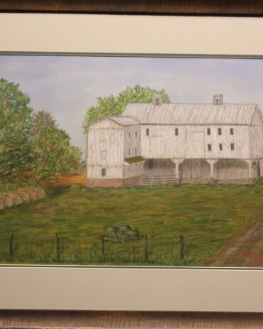 Chalk pastel landscape painting 'Barn on Route 732' by Deb Lathrop featuring a large white barn, dirt driveway, and roadside fence line – Hedgewood Galleries, Connersville Indiana