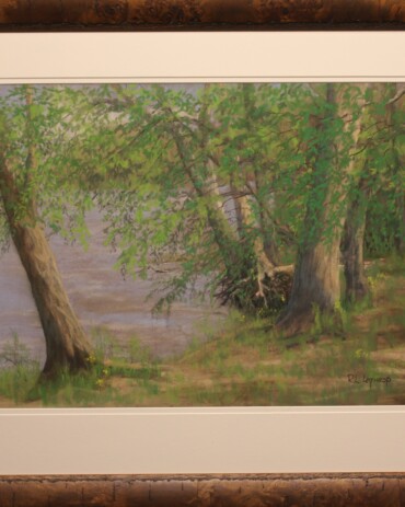 Chalk pastel landscape painting 'Spring on the Wabash' by R.L. Lathrop showing a riverbank lined with trees, available at Hedgewood Galleries in Connersville, Indiana.