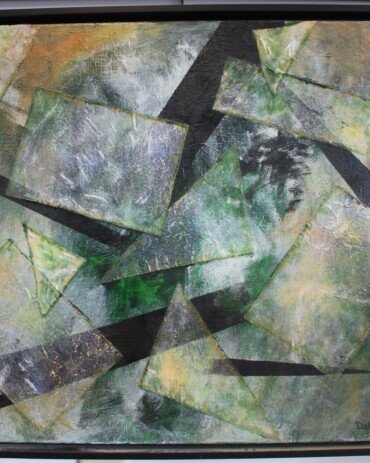 Acrylic abstract painting titled 'The Nature of Things' by Deb Lathrop, featuring black and green hues with textured squares, showcased at Hedgewood Gallery in Connersville, Indiana.