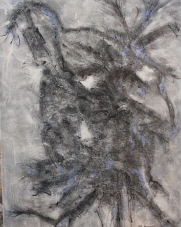 Acrylic abstract painting titled 'Maybe a Little Frazzled' by R.L. Lathrop, featuring chaotic patterns in grays, blues, and whites, displayed at Hedgewood Gallery in Connersville, Indiana.