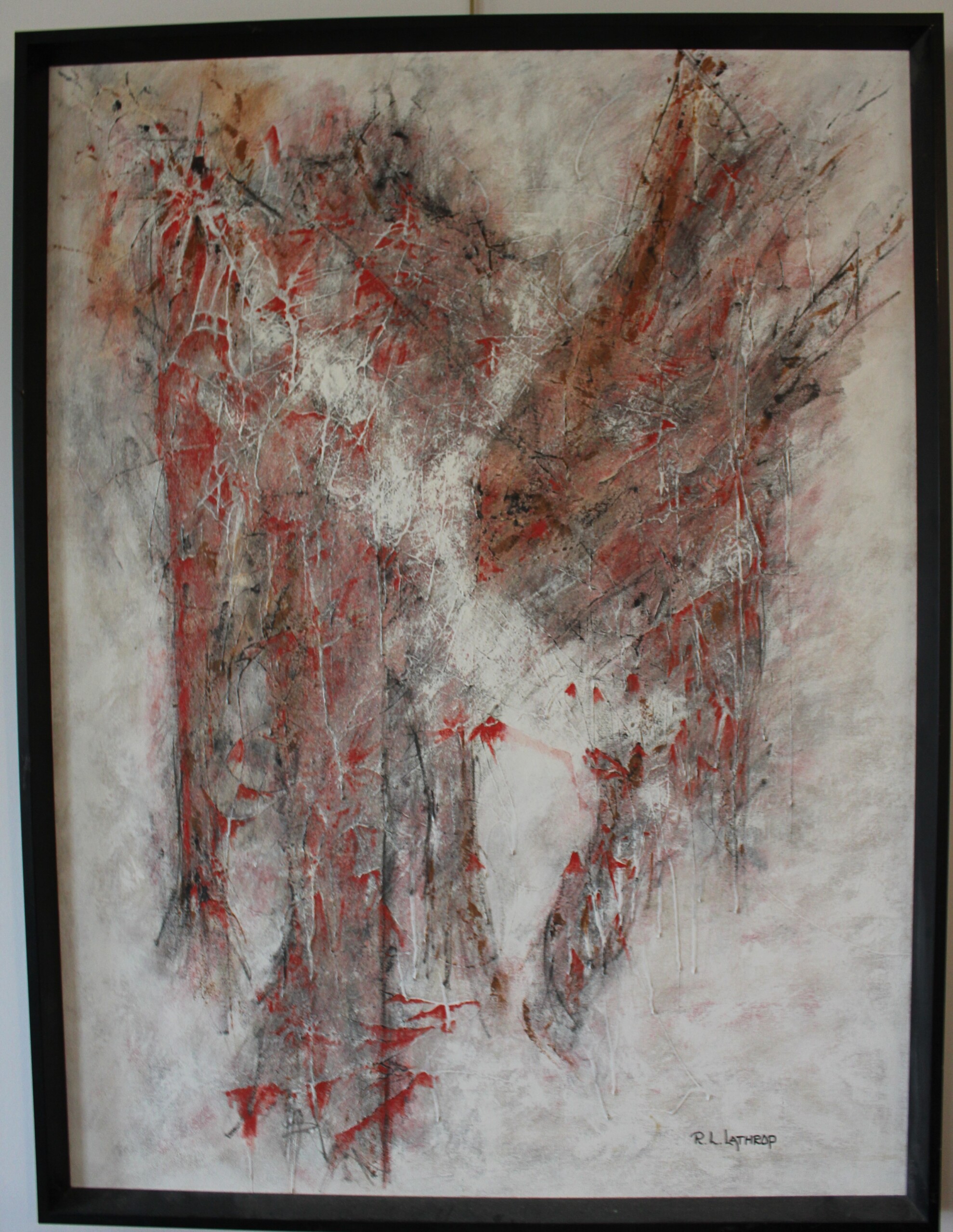 Acrylic abstract painting titled 'Molten' by R.L. Lathrop, displayed at Hedgewood Gallery in Connersville, Indiana.