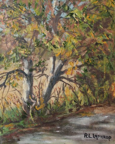 Fall on Morris Road acrylic painting by R.L. Lathrop featuring two trees with yellowing leaves over a cement road, beginning of autumn
