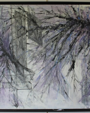 Acrylic abstract impressionist painting titled 'Winter Trees' by R.L. Lathrop, featuring black trees in a winter landscape, displayed at Hedgewood Gallery in Connersville, Indiana.