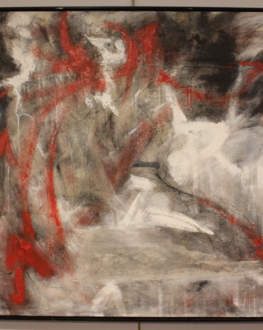 Acrylic abstract painting titled 'Lifeline' by R.L. Lathrop, featuring a man reaching from behind a wall to hold his lifeline, in red, black, and white hues. Showcased at Hedgewood Gallery in Connersville, Indiana