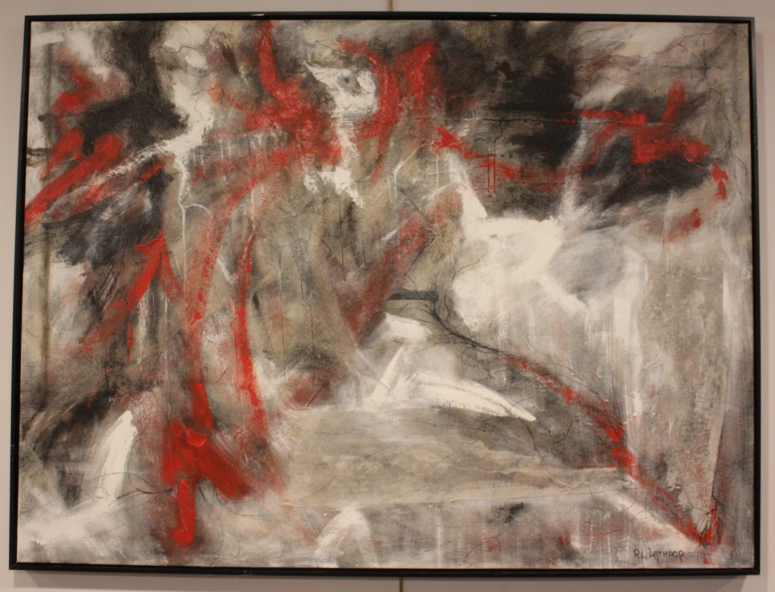 Acrylic abstract painting titled 'Lifeline' by R.L. Lathrop, featuring a man reaching from behind a wall to hold his lifeline, in red, black, and white hues. Showcased at Hedgewood Gallery in Connersville, Indiana