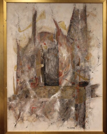 Impressionist acrylic painting titled 'Cathedral' by R.L. Lathrop, featuring a central cathedral, showcased at Hedgewood Gallery in Connersville, Indiana