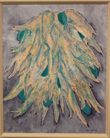 Eggs’a’Flutter by Deb Lathrop – Abstract acrylic painting in turquoise, tan, and yellow tones featuring textured eggs and feathers, available at Hedgewood Galleries in Connersville, Indiana.