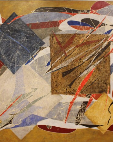 Acrylic abstract painting titled 'Chaos in the Gene Pool' by R.L. Lathrop, featuring a vibrant collage of colors, squares, and squiggles, displayed at Hedgewood Gallery in Connersville, Indiana.