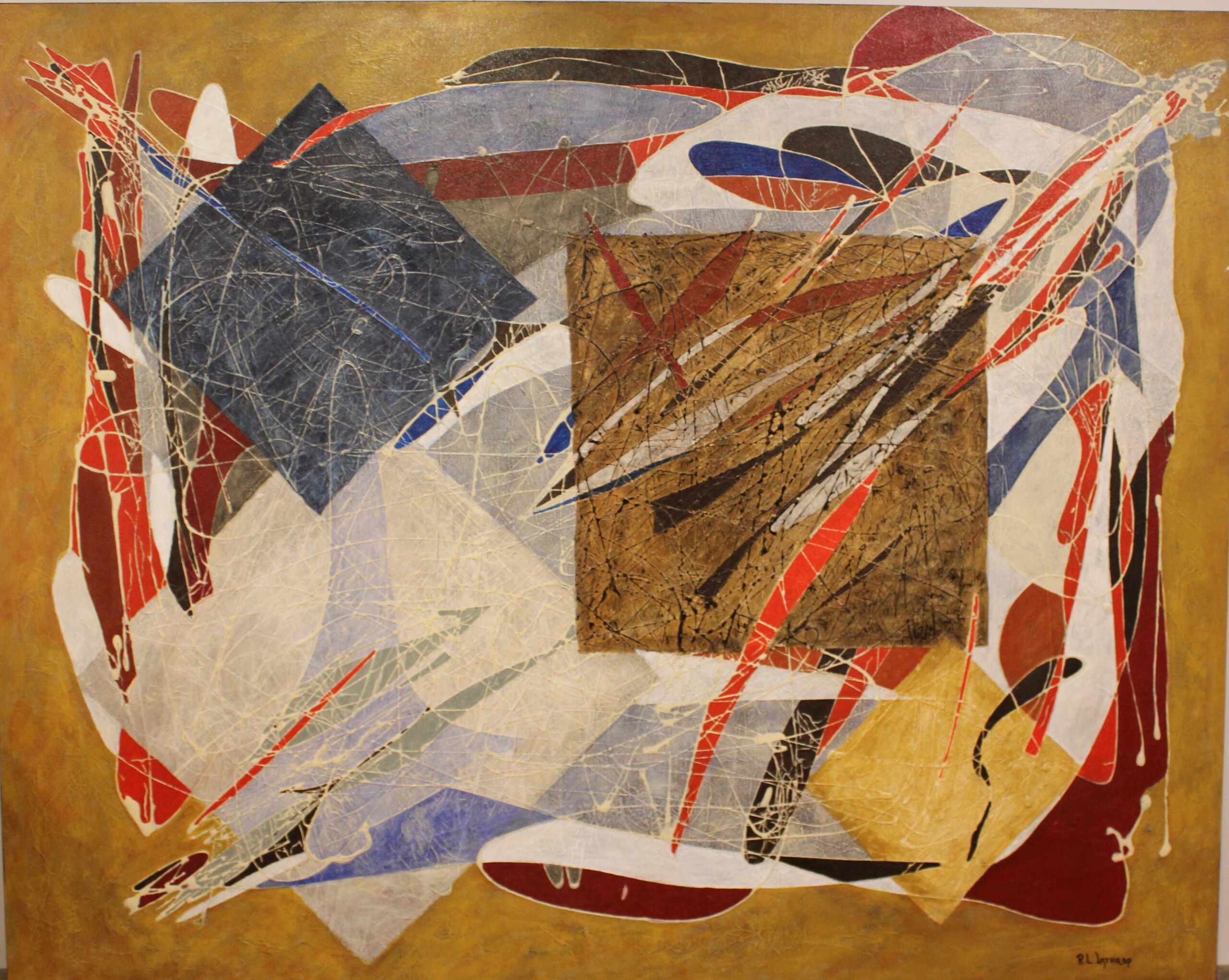 Acrylic abstract painting titled 'Chaos in the Gene Pool' by R.L. Lathrop, featuring a vibrant collage of colors, squares, and squiggles, displayed at Hedgewood Gallery in Connersville, Indiana.