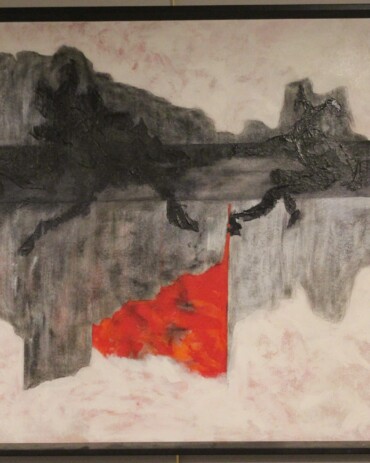 Acrylic abstract painting titled 'Fool in the Fast Lane' by R.L. Lathrop, featuring bold reds, blacks, whites, and greys with a central strip depicting a man. Displayed at Hedgewood Gallery, Connersville, Indiana.