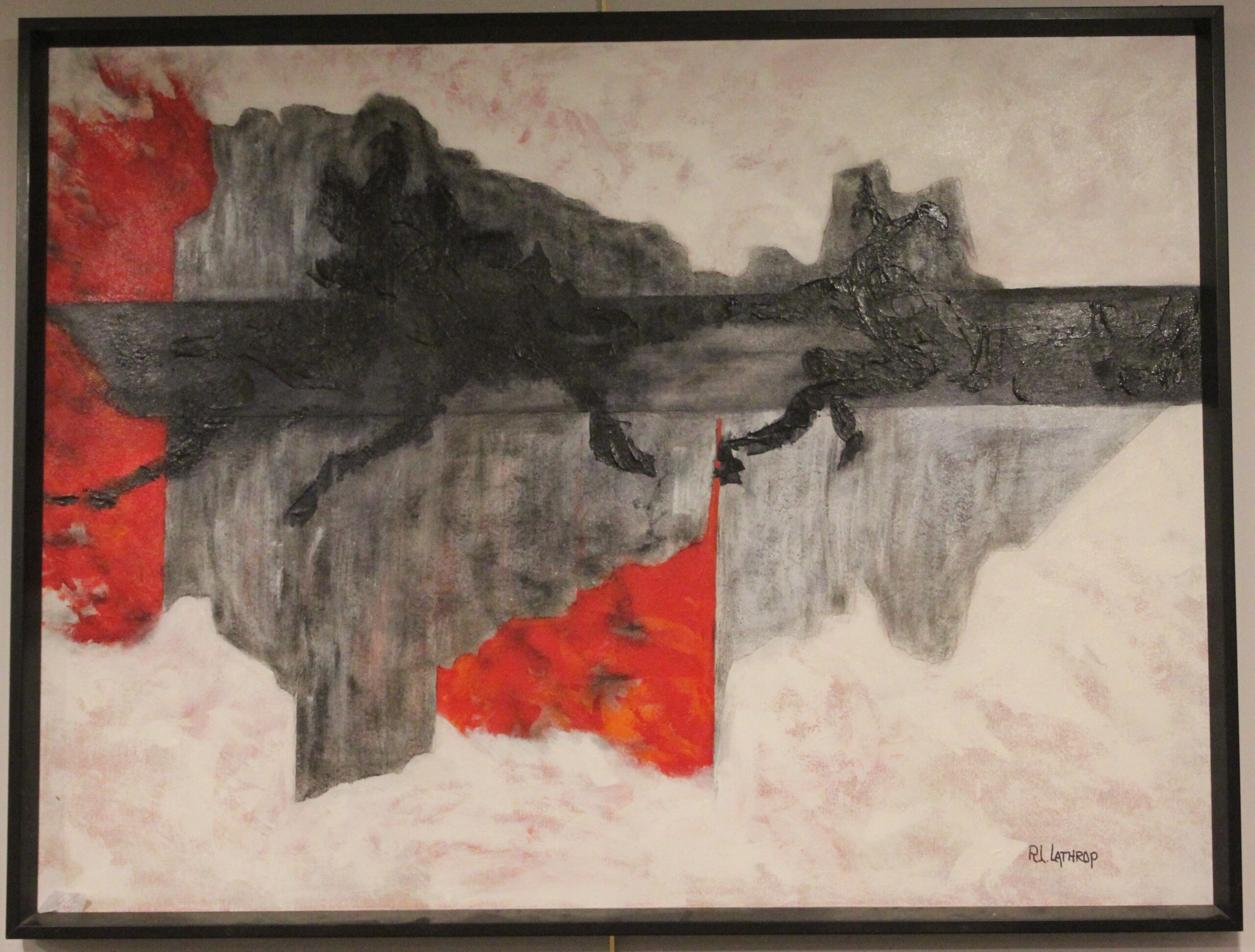 Acrylic abstract painting titled 'Fool in the Fast Lane' by R.L. Lathrop, featuring bold reds, blacks, whites, and greys with a central strip depicting a man. Displayed at Hedgewood Gallery, Connersville, Indiana.