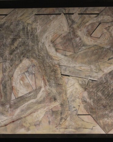 Acrylic abstract painting titled 'From Whitewater to Benghazi' by R.L. Lathrop, featuring off-white swirls and intense texture in a subtle political commentary, showcased at Hedgewood Gallery in Connersville, Indiana."