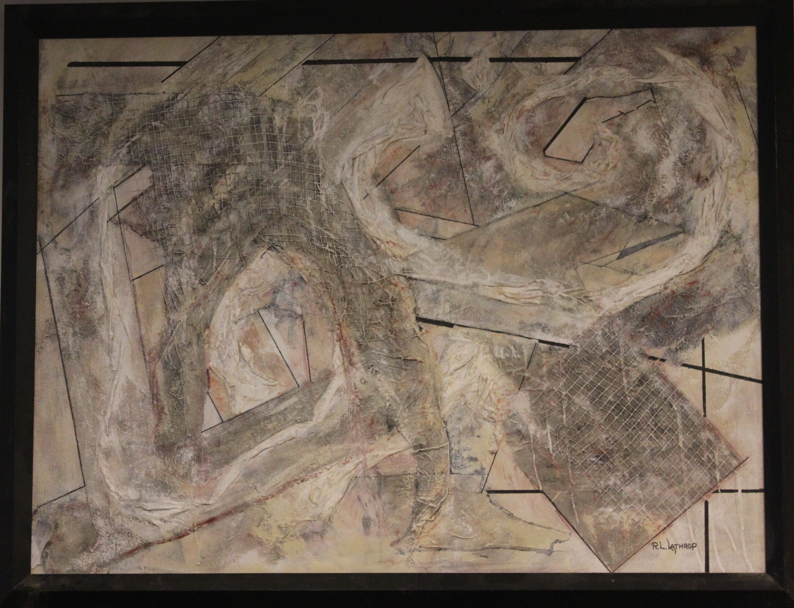 Acrylic abstract painting titled 'From Whitewater to Benghazi' by R.L. Lathrop, featuring off-white swirls and intense texture in a subtle political commentary, showcased at Hedgewood Gallery in Connersville, Indiana."