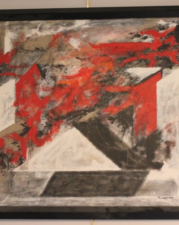 Acrylic abstract painting titled 'It's a Love-Hate Relationship' by R.L. Lathrop, featuring a dramatic mix of reds, whites, and blacks to evoke emotion, showcased at Hedgewood Gallery in Connersville, Indiana